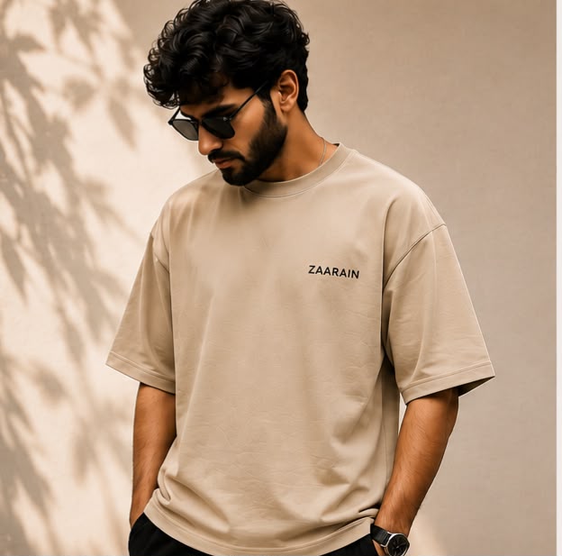 ZAARAIN Oversized Vertical Spine Graphic T-Shirt Men's Khaki Drop Shoulder Streetwear
