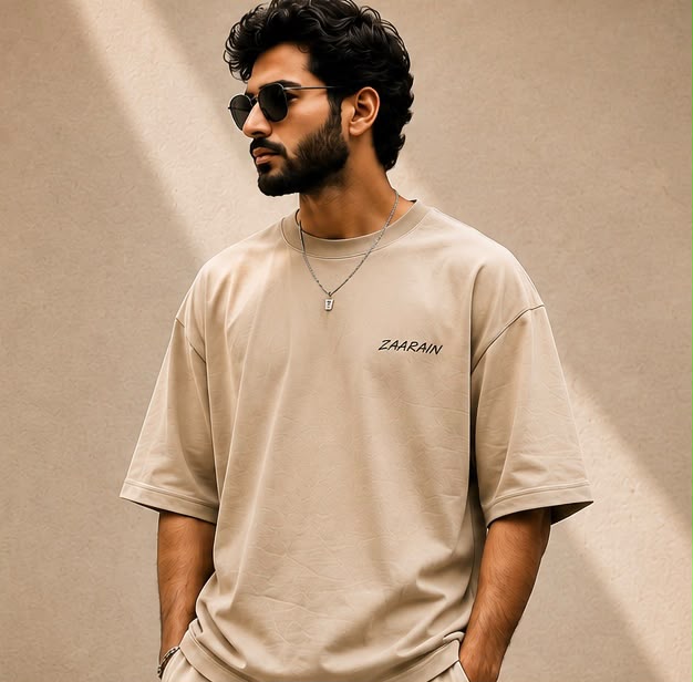 ZAARAIN Oversized Urdu Calligraphy T-Shirt Men's Beige Drop Shoulder Streetwear
