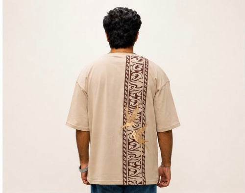 ZAARAIN Oversized Vertical Spine Graphic T-Shirt Men's Khaki Drop Shoulder Streetwear