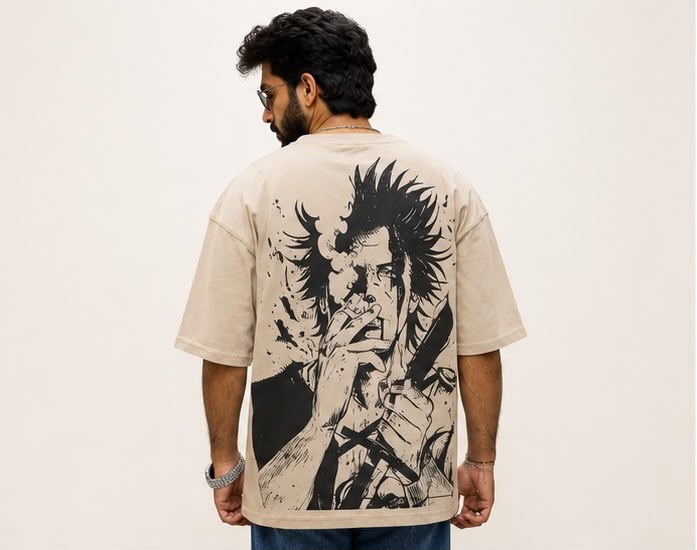 ZAARAIN Yami Sukehiro Anime T-Shirt Men's Beige Oversized Graphic Tee Streetwear