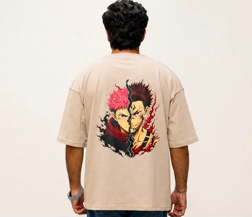 ZAARAIN Jujutsu Kaisen Oversized Graphic Tee T-Shirt Men's Beige Drop Shoulder Streetwear